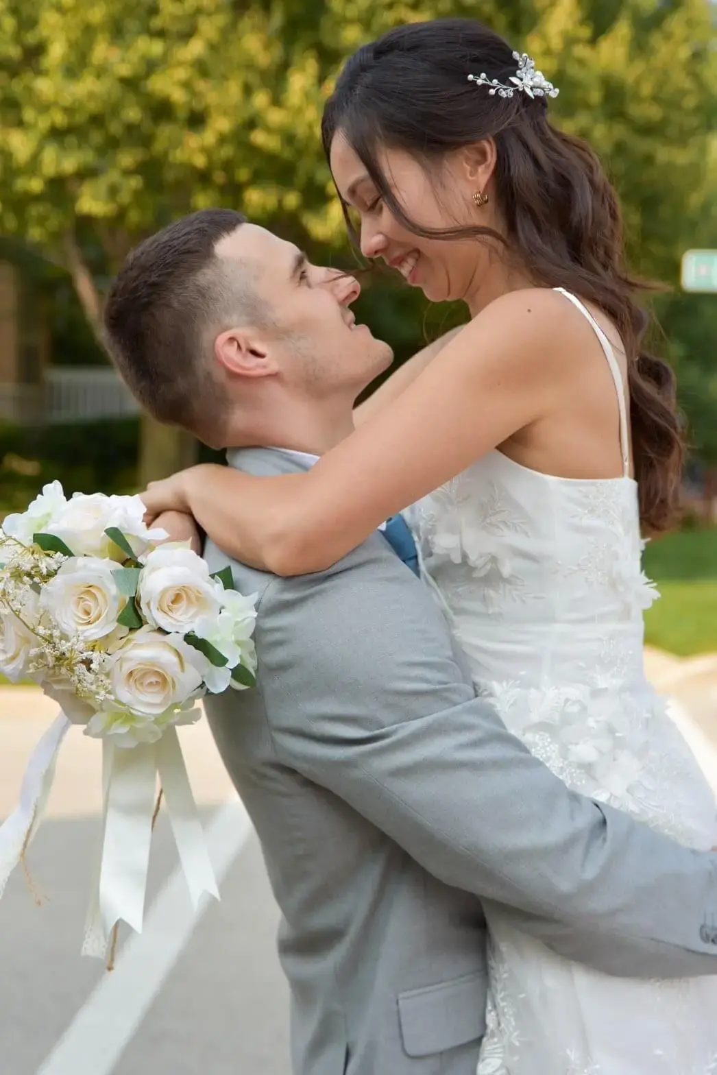 Wedding couple hugging
